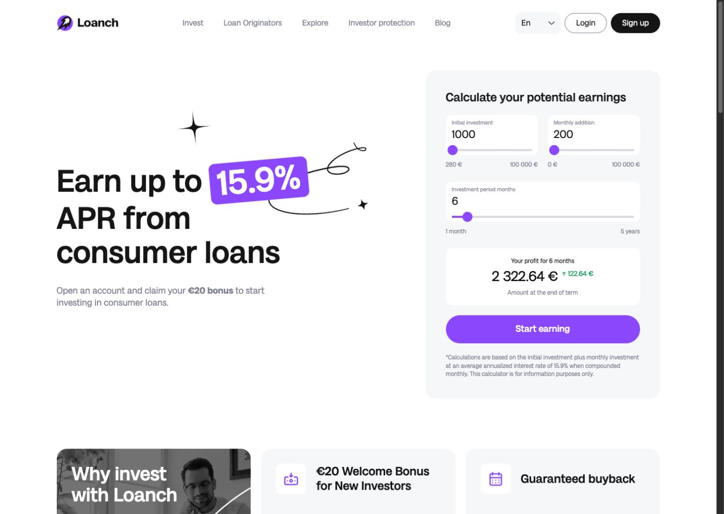 Loanch consumer loan investment platform and earnings calculator